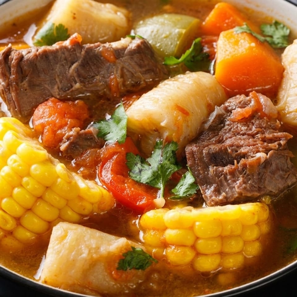 Hearty beef stew with corn on the cob, carrots, and other vegetables in a white bowl.