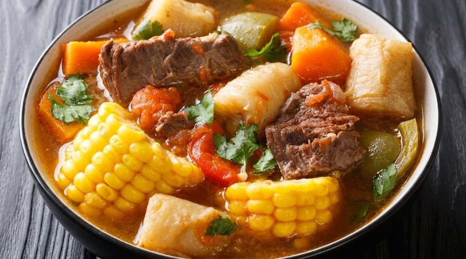 Hearty beef stew with corn on the cob, carrots, and other vegetables in a white bowl.