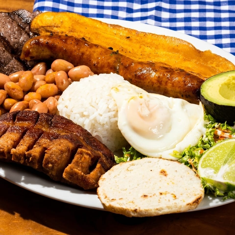 A large platter of Bandeja Paisa with grilled steak, sausage, beans, rice, egg, avocado, and plantains.