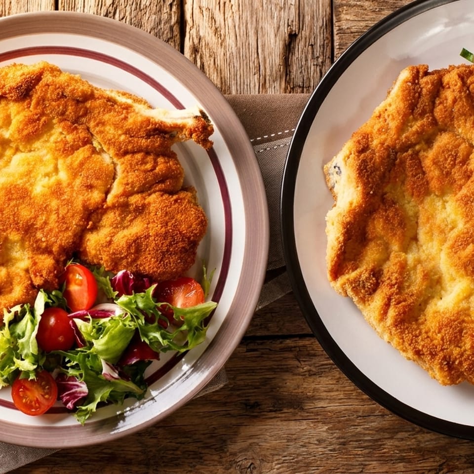 Two plates of golden-brown schnitzel, one with lemon and salad, the other with french fries.