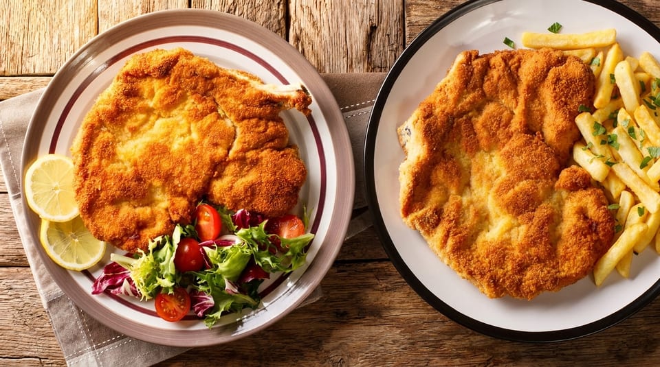 Two plates of golden-brown schnitzel, one with lemon and salad, the other with french fries.