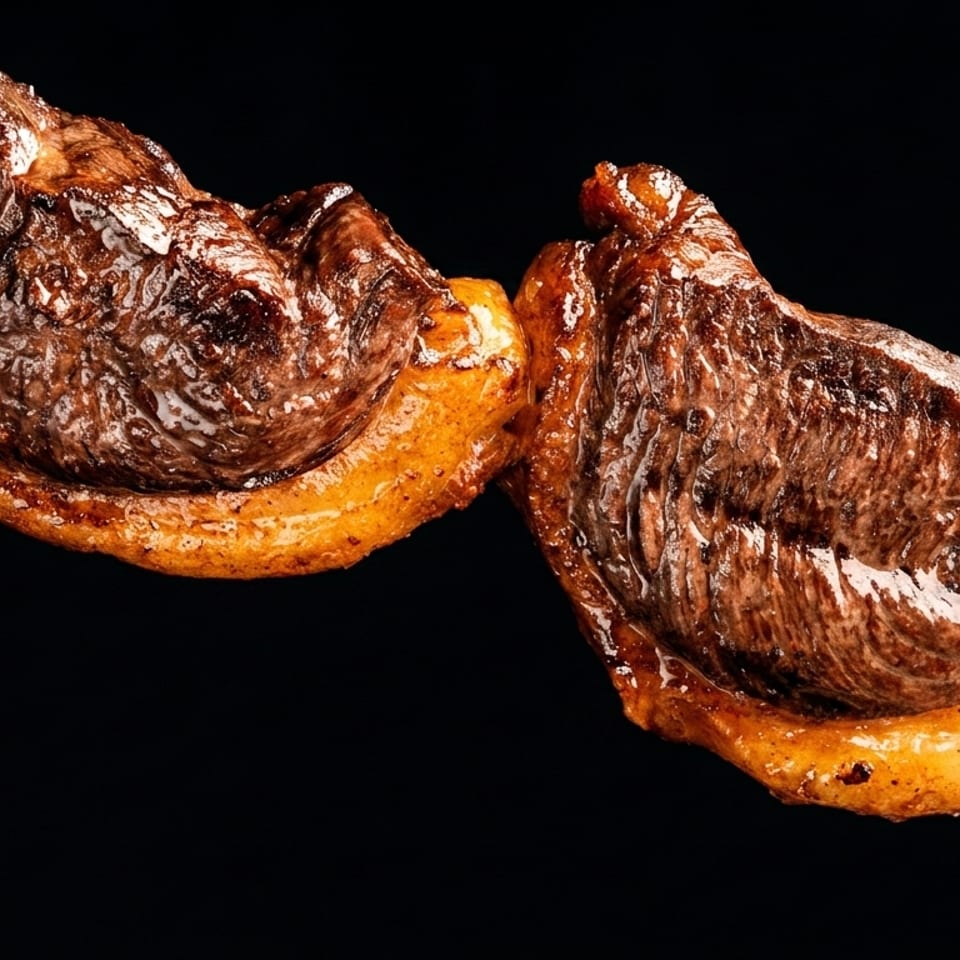 Two pieces of perfectly grilled picanha, Brazilian steak, on a skewer against a dark background.