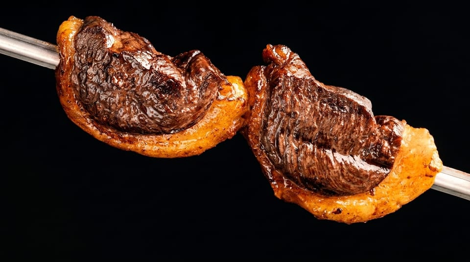 Two pieces of perfectly grilled picanha, Brazilian steak, on a metal skewer against a dark background.