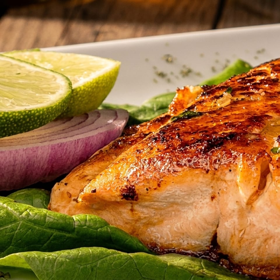 Grilled salmon fillet on a bed of spinach with lime wedges and red onion slices.
