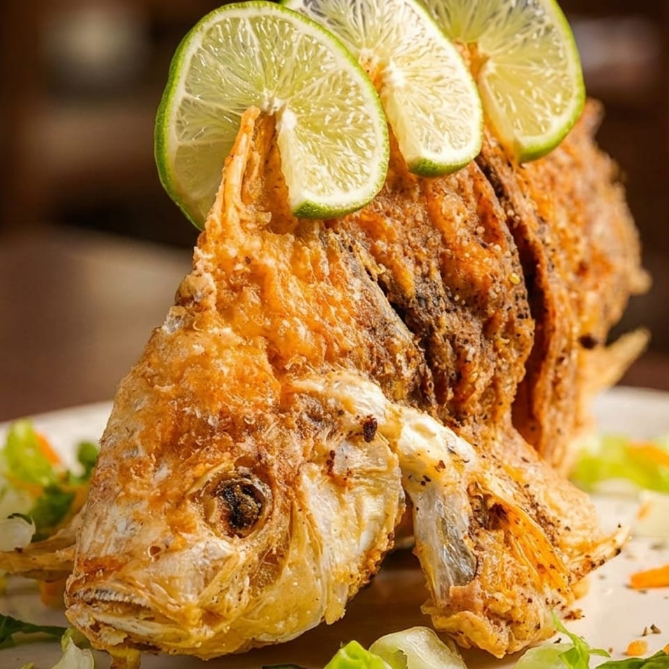 Whole fried fish, garnished with lime slices and a side salad, on a white plate.