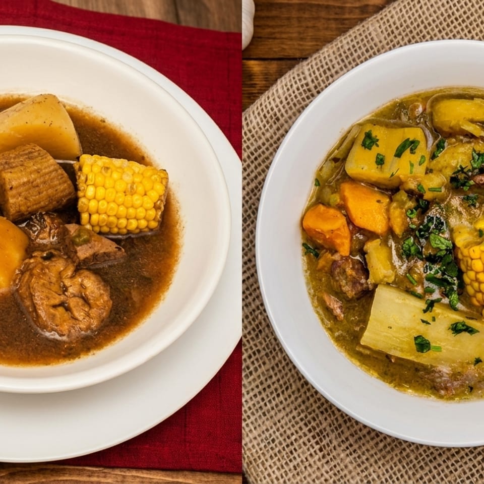 Two bowls of hearty soup with corn on the cob, potatoes, and meat, one with green broth.