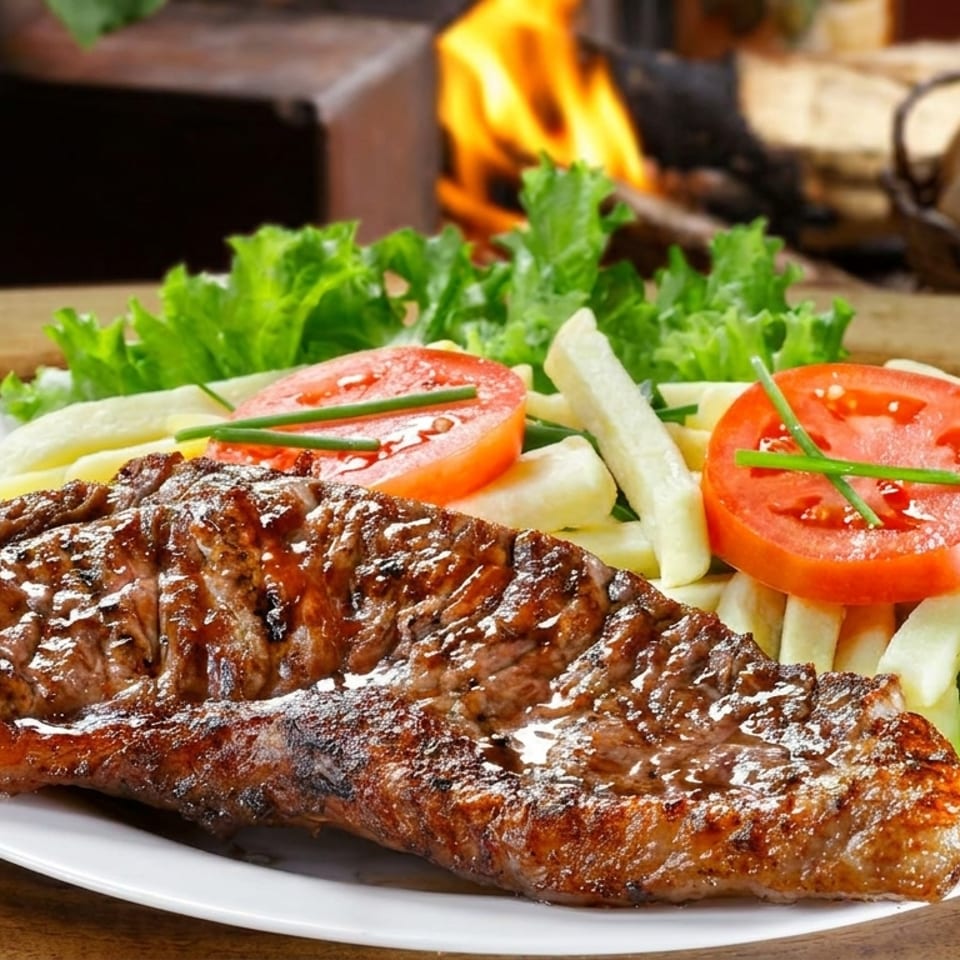 Grilled steak, french fries, lettuce, and tomato slices on a white plate with a fireplace in the background.