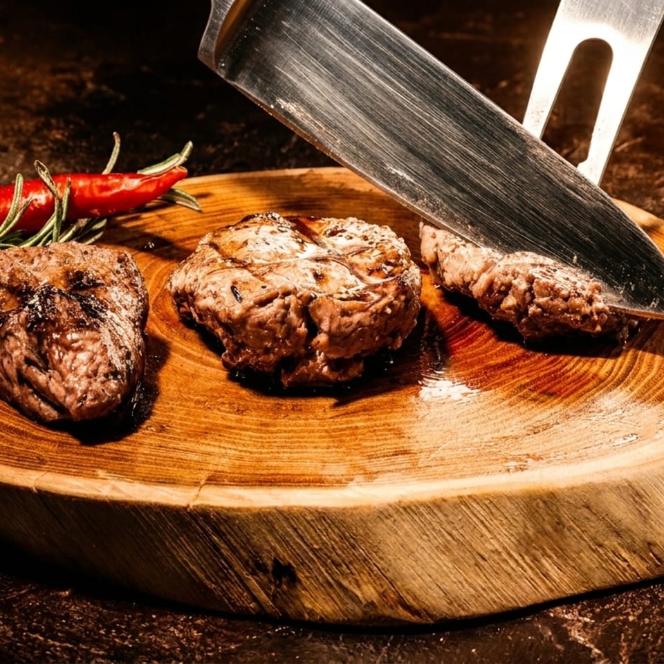 Grilled steak medallions on a wooden board with rosemary, chili, and a carving knife.
