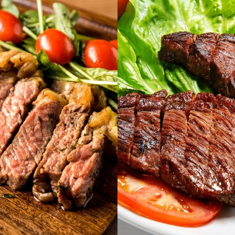 Two plates of sliced steak, one with cherry tomatoes and greens, the other with lettuce and tomato.