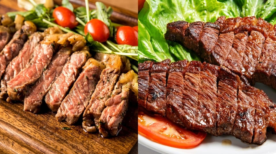 Two plates of sliced steak, one with cherry tomatoes and greens, the other with lettuce and tomato.