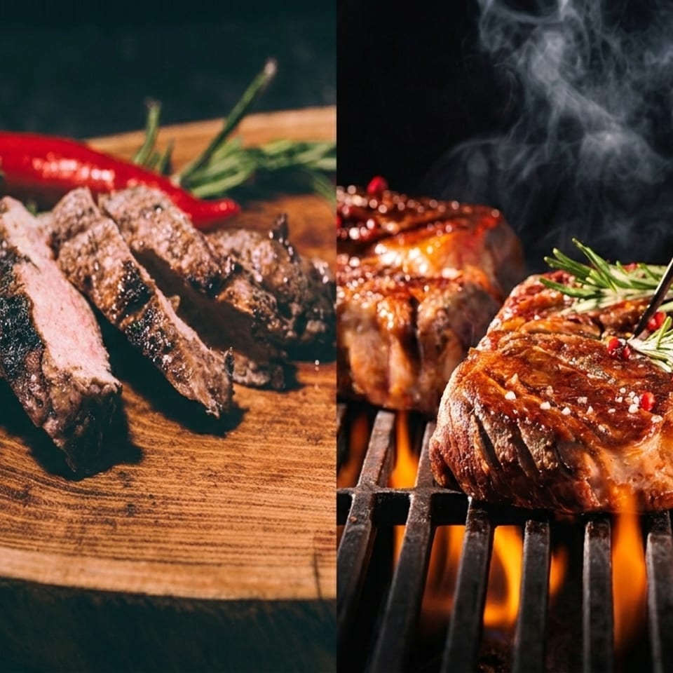 Grilled steak, one sliced on a wooden board with chili and rosemary, another cooking on a fiery grill.