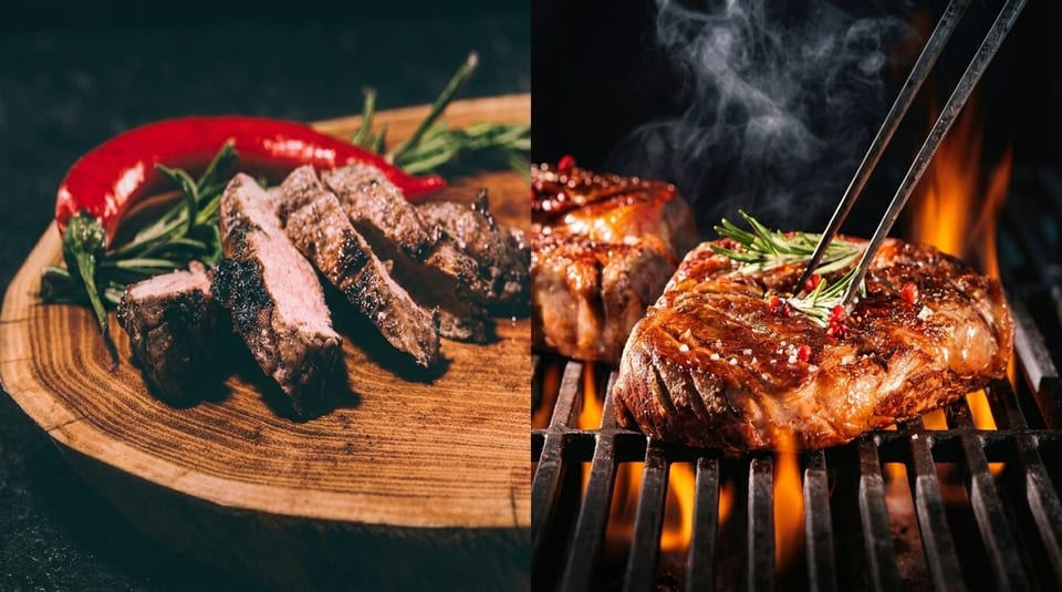Grilled steak slices with chili and rosemary on a wooden board, next to a steak cooking on a fiery grill.