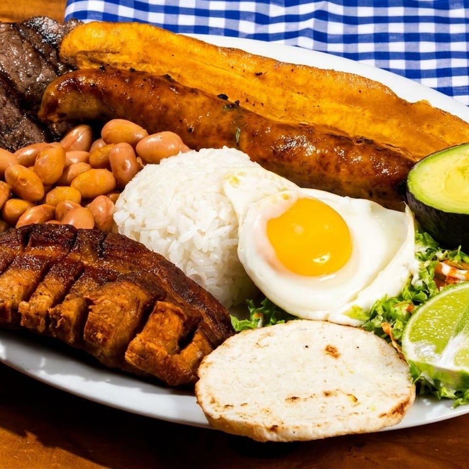 A large plate of Bandeja Paisa with steak, beans, rice, egg, avocado, plantain, and pork belly.