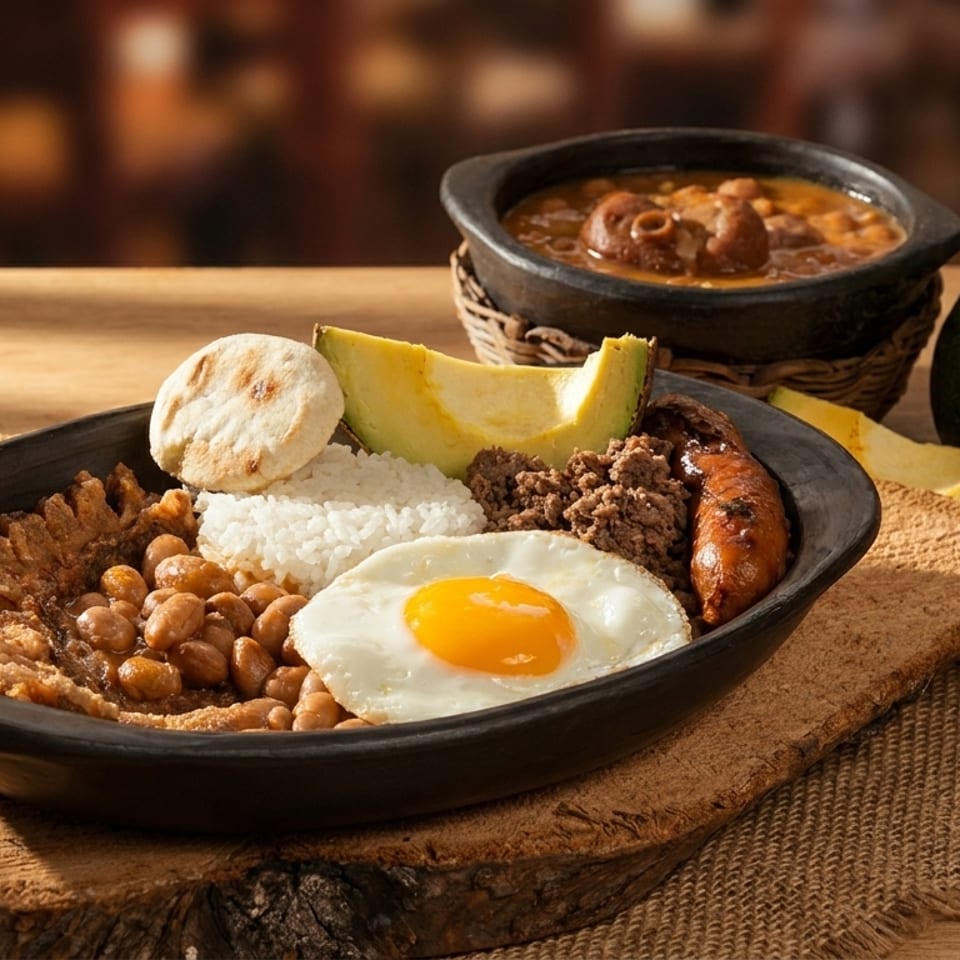 A bandeja paisa with rice, beans, chicharron, egg, avocado, and sausage, with a side of soup.